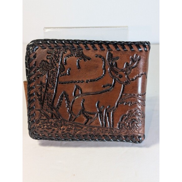 Vintage Hand Tooled Leather Wallet Deer Forest Scene Western Bifold Snap Brown - Picture 6 of 15
